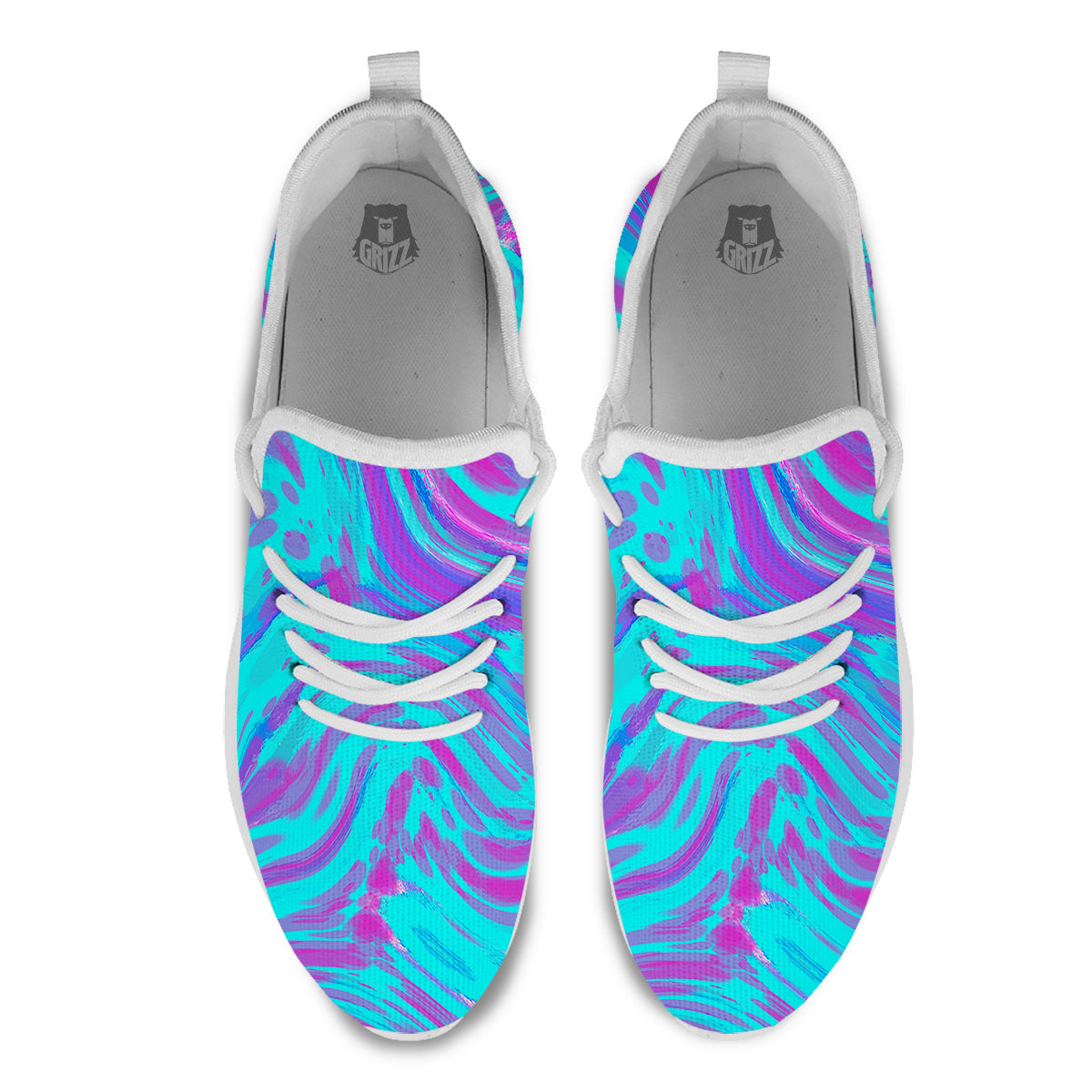 Trippy Turquoise Holographic Print White Athletic Shoes-grizzshop