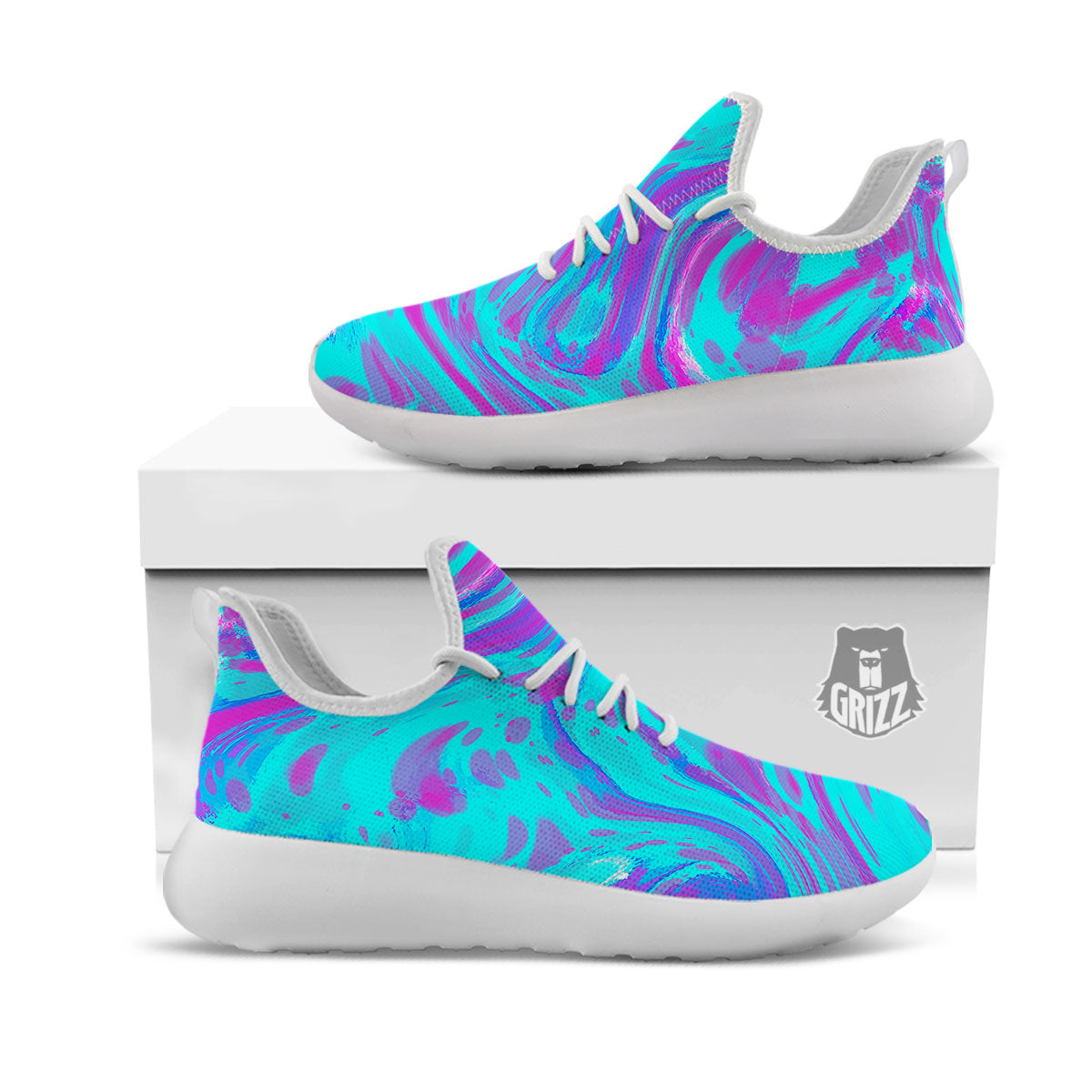 Trippy Turquoise Holographic Print White Athletic Shoes-grizzshop