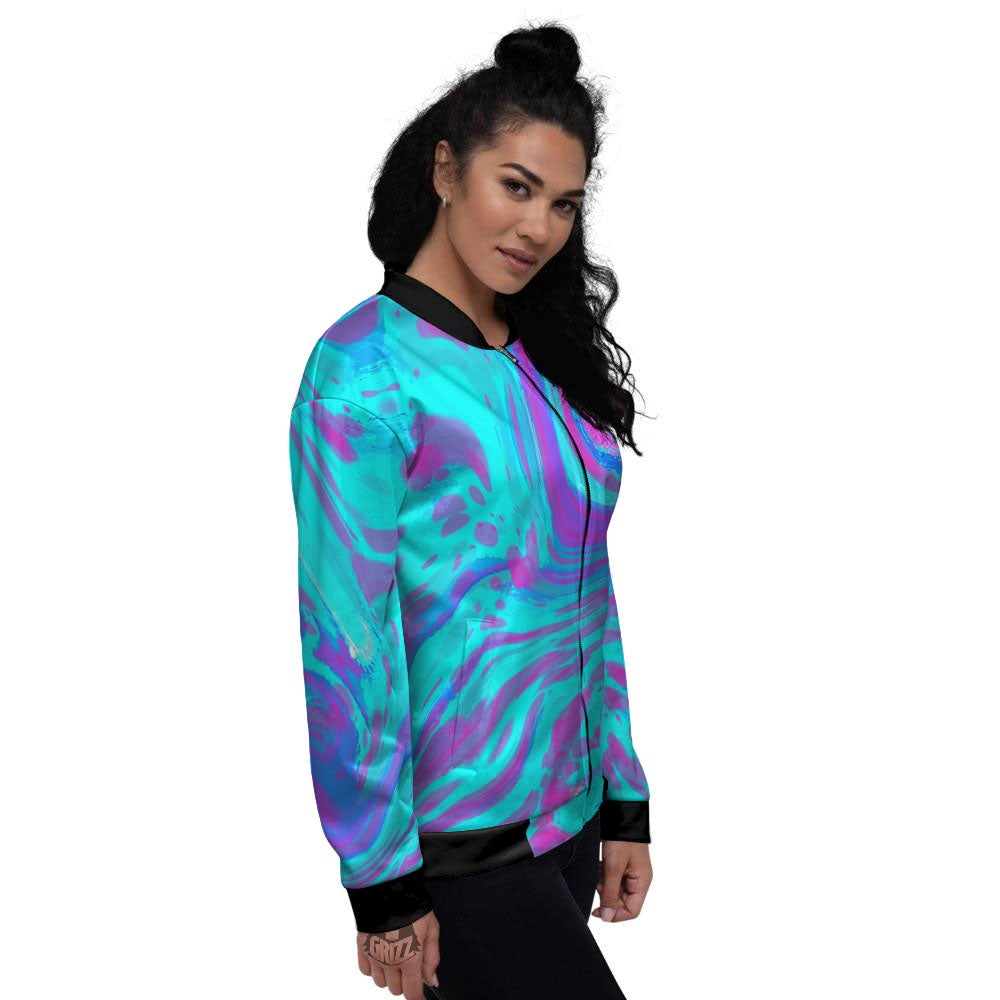 Trippy Turquoise Holographic Print Women's Bomber Jacket-grizzshop