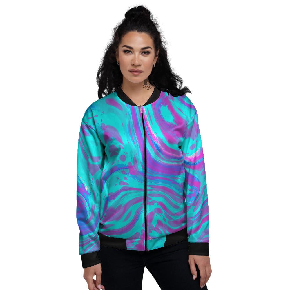 Trippy Turquoise Holographic Print Women's Bomber Jacket-grizzshop