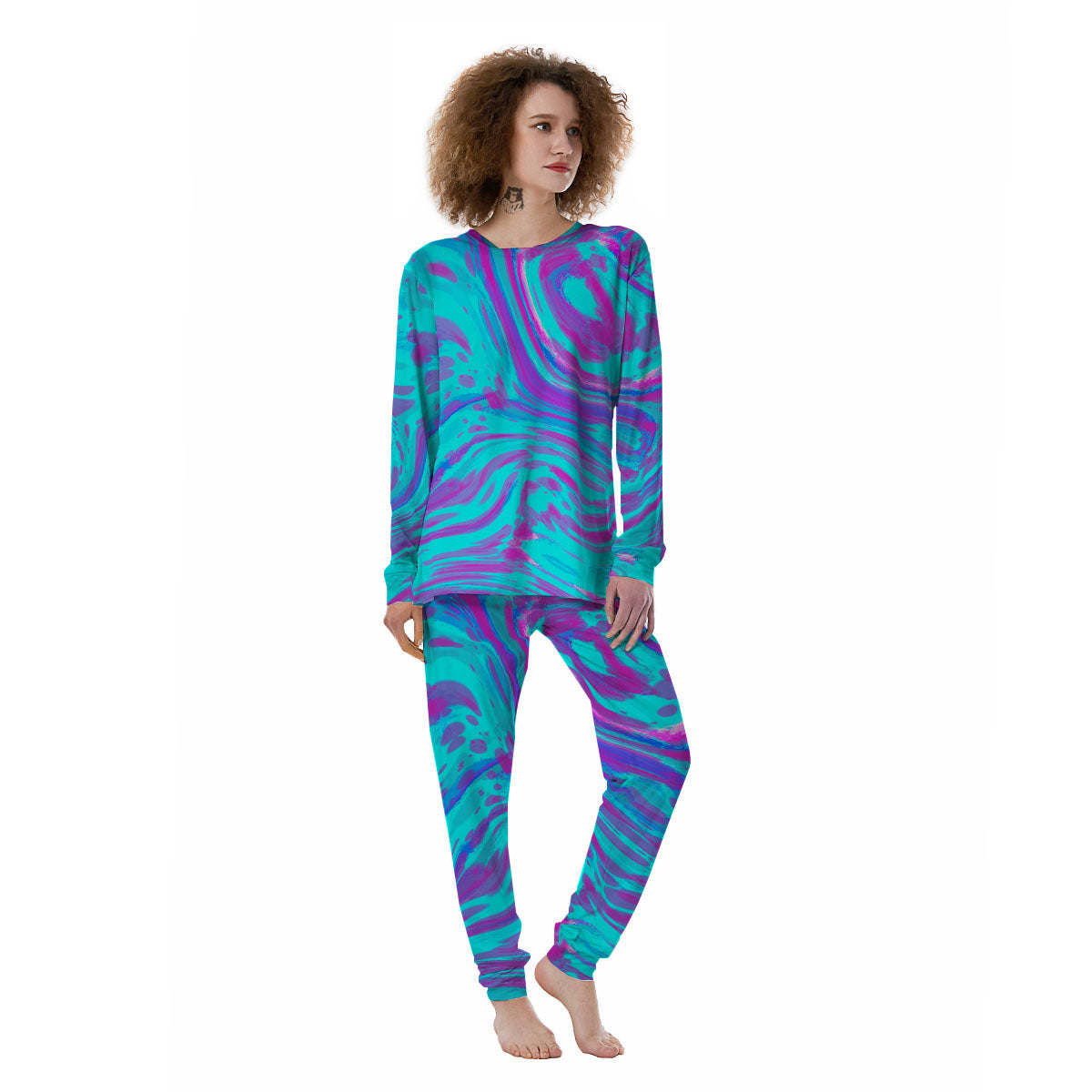 Trippy Turquoise Holographic Print Women's Pajamas-grizzshop