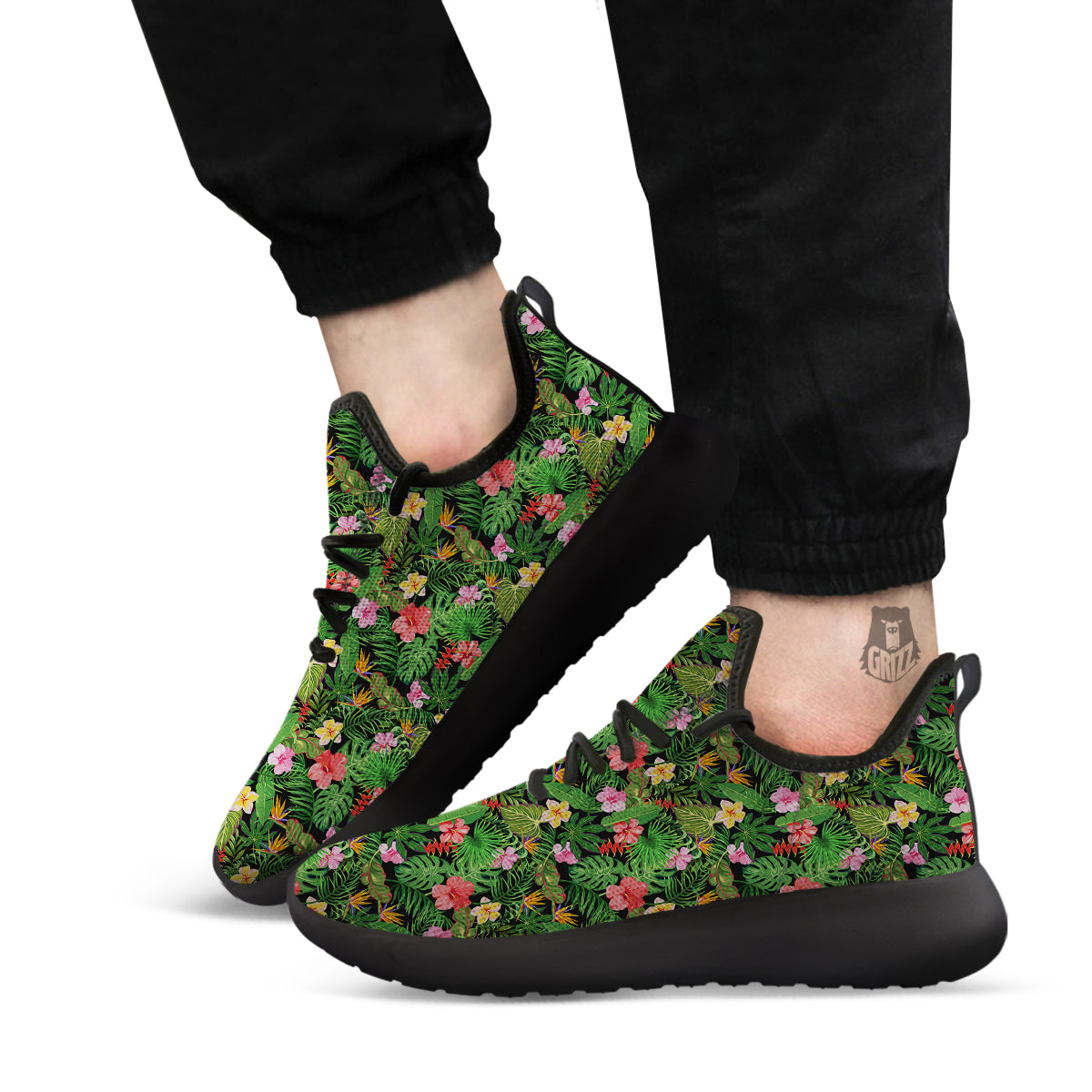 Tropical Aloha Hibiscus Print Pattern Black Athletic Shoes-grizzshop