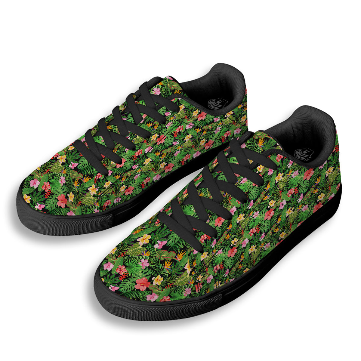 Tropical Aloha Hibiscus Print Pattern Black Low Top Sneakers-grizzshop