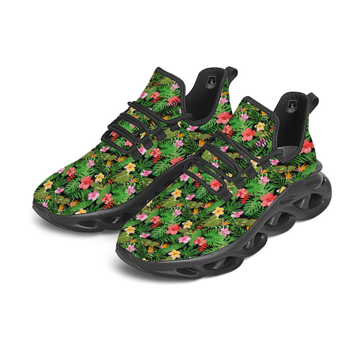 Tropical Aloha Hibiscus Print Pattern Black Running Shoes-grizzshop