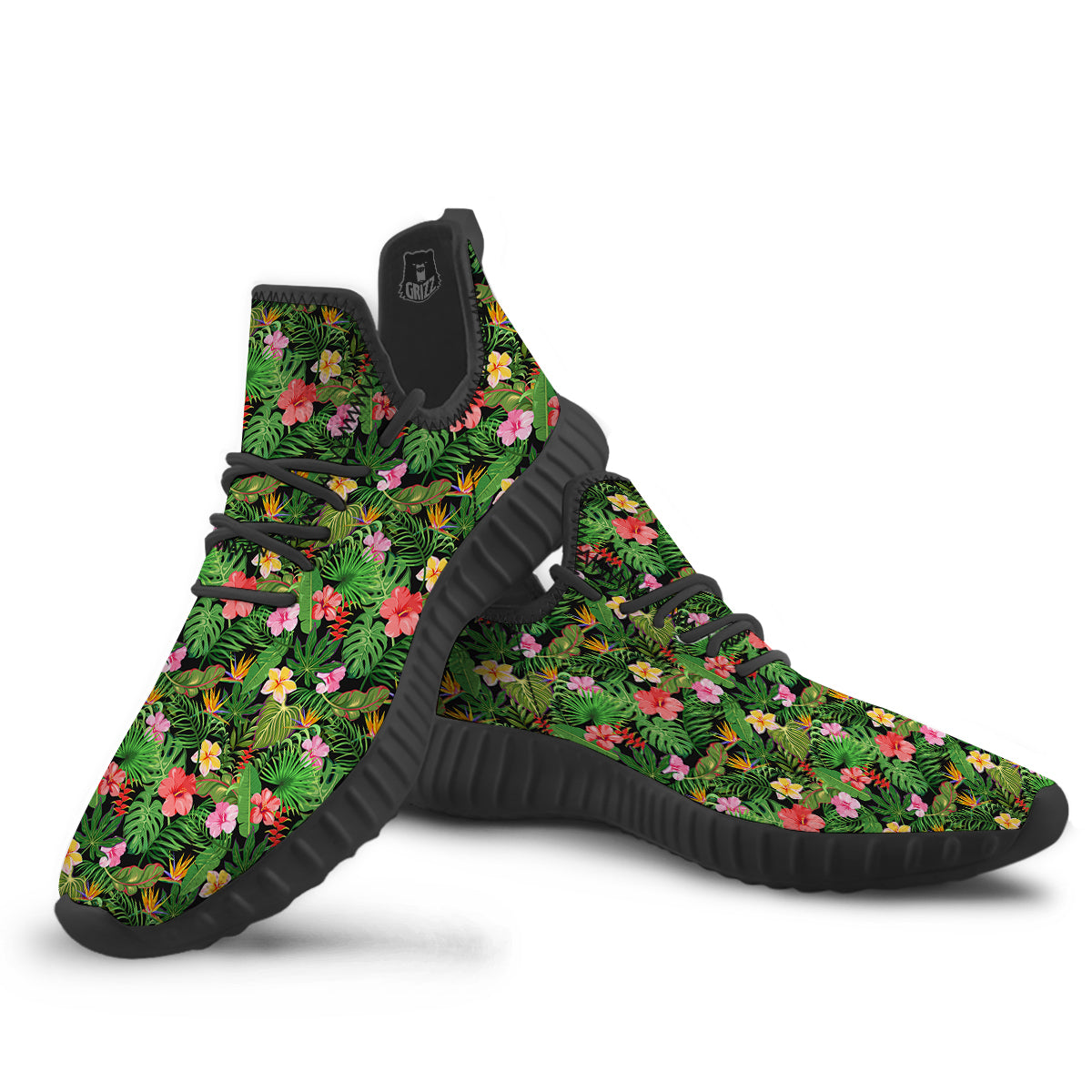 Tropical Aloha Hibiscus Print Pattern Black Walking Shoes-grizzshop