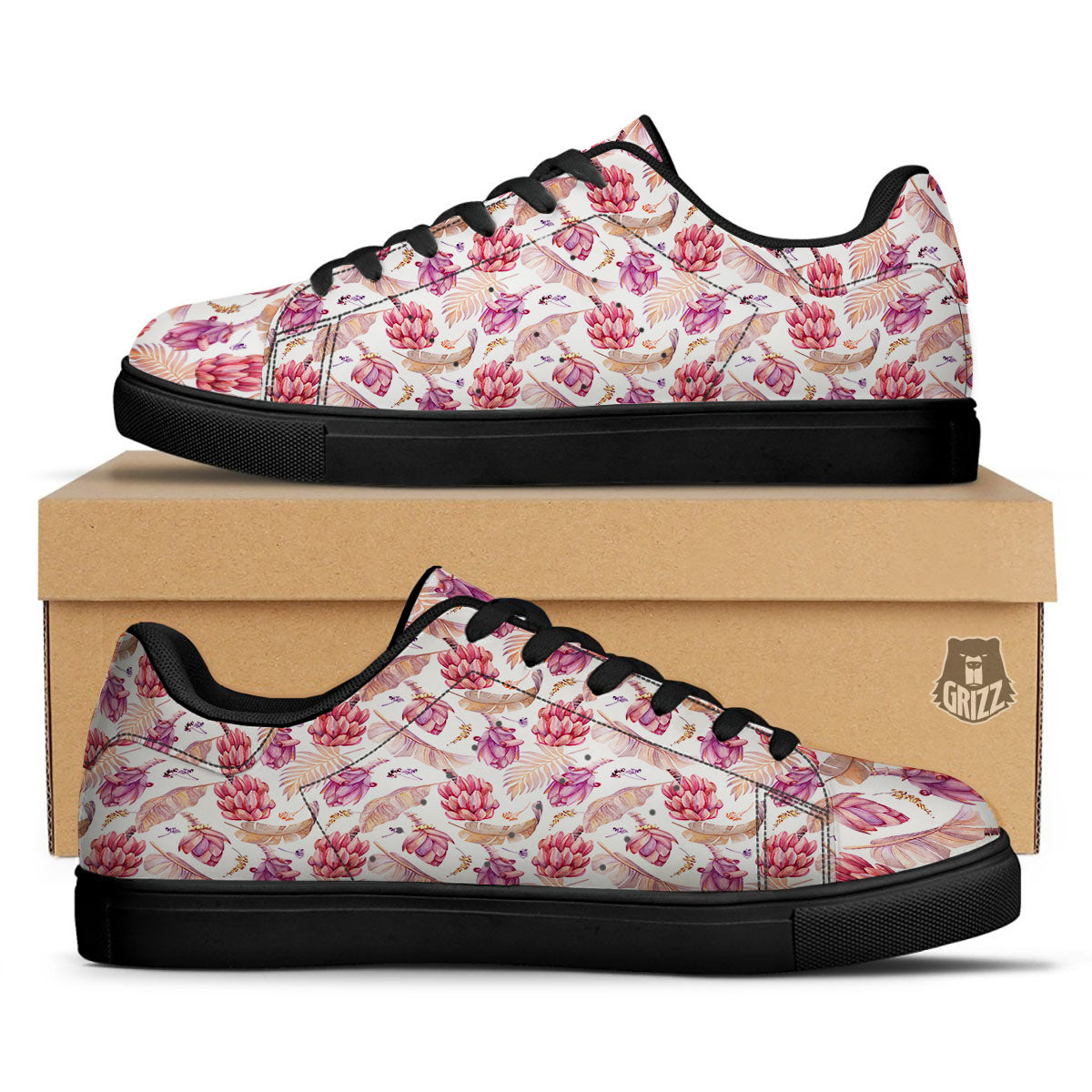 Tropical Banana Pink Print Pattern Black Low Top Sneakers-grizzshop