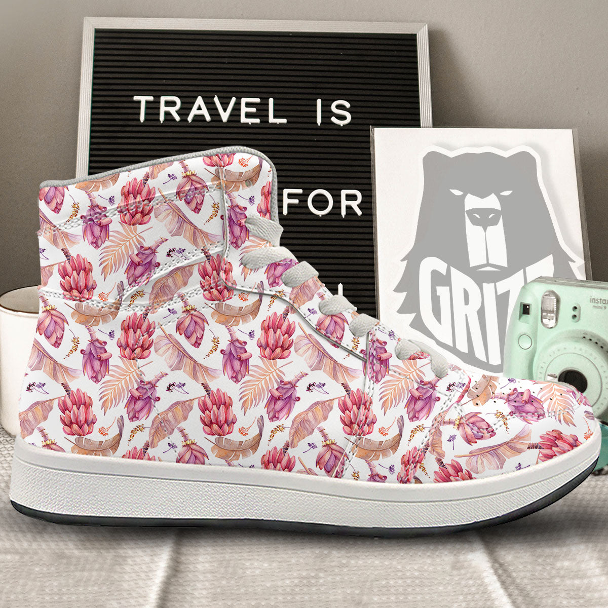Tropical Banana Pink Print Pattern High Top Sneakers-grizzshop