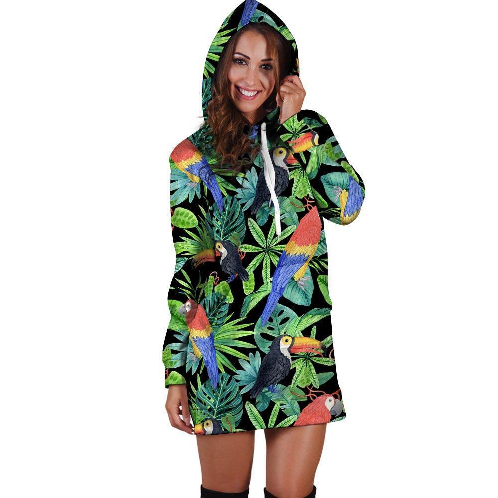 Tropical Bird Hawaiian Print Hoodie Dress-grizzshop