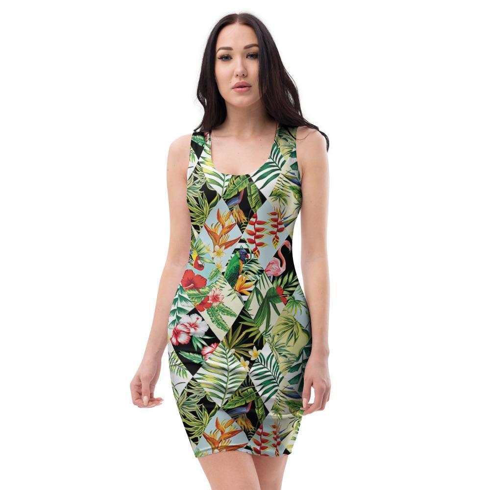 Tropical Bird Patchwork Print Bodycon Dress-grizzshop