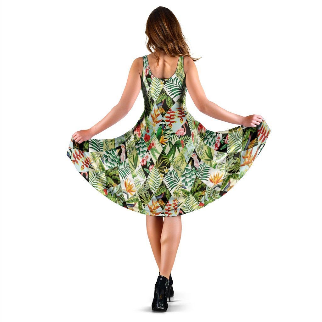 Tropical Bird Patchwork Print Dress-grizzshop