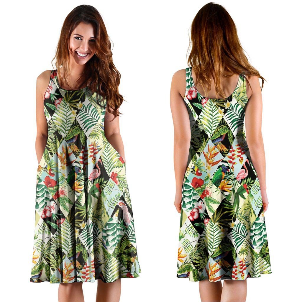 Tropical Bird Patchwork Print Dress-grizzshop