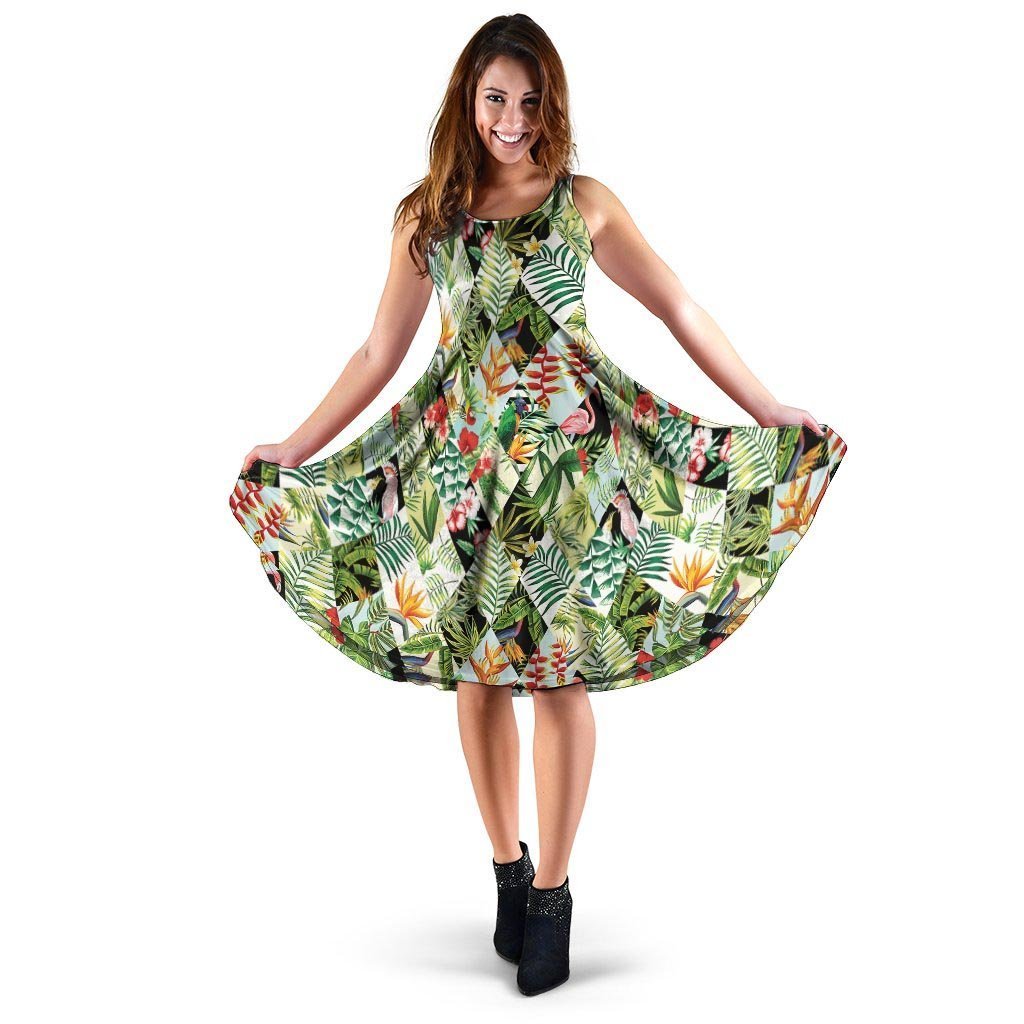 Tropical Bird Patchwork Print Dress-grizzshop