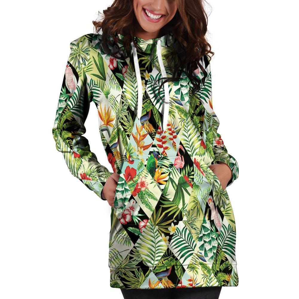 Tropical Bird Patchwork Print Hoodie Dress-grizzshop