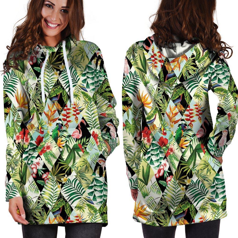 Tropical Bird Patchwork Print Hoodie Dress-grizzshop