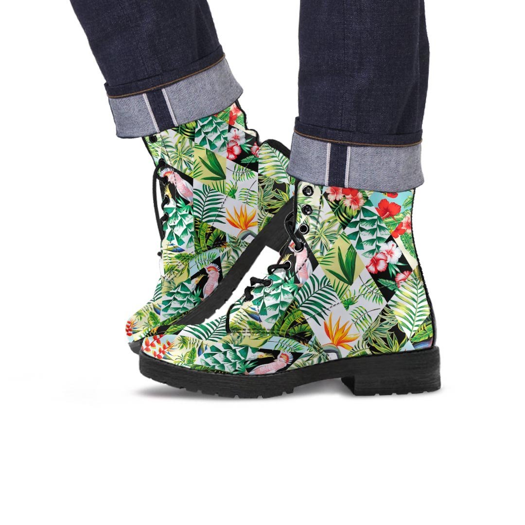 Tropical Bird Patchwork Print Men's Boots-grizzshop