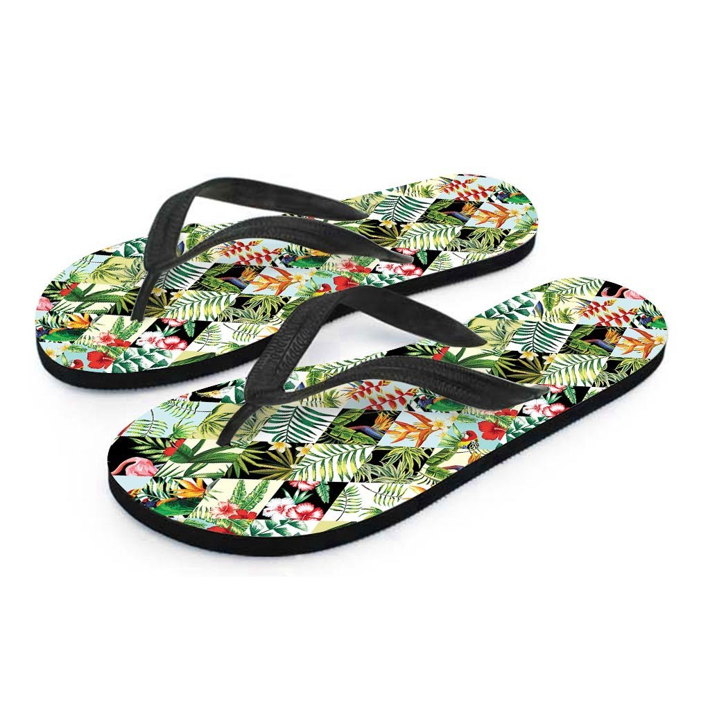 Tropical Bird Patchwork Print Men's Flip Flops-grizzshop