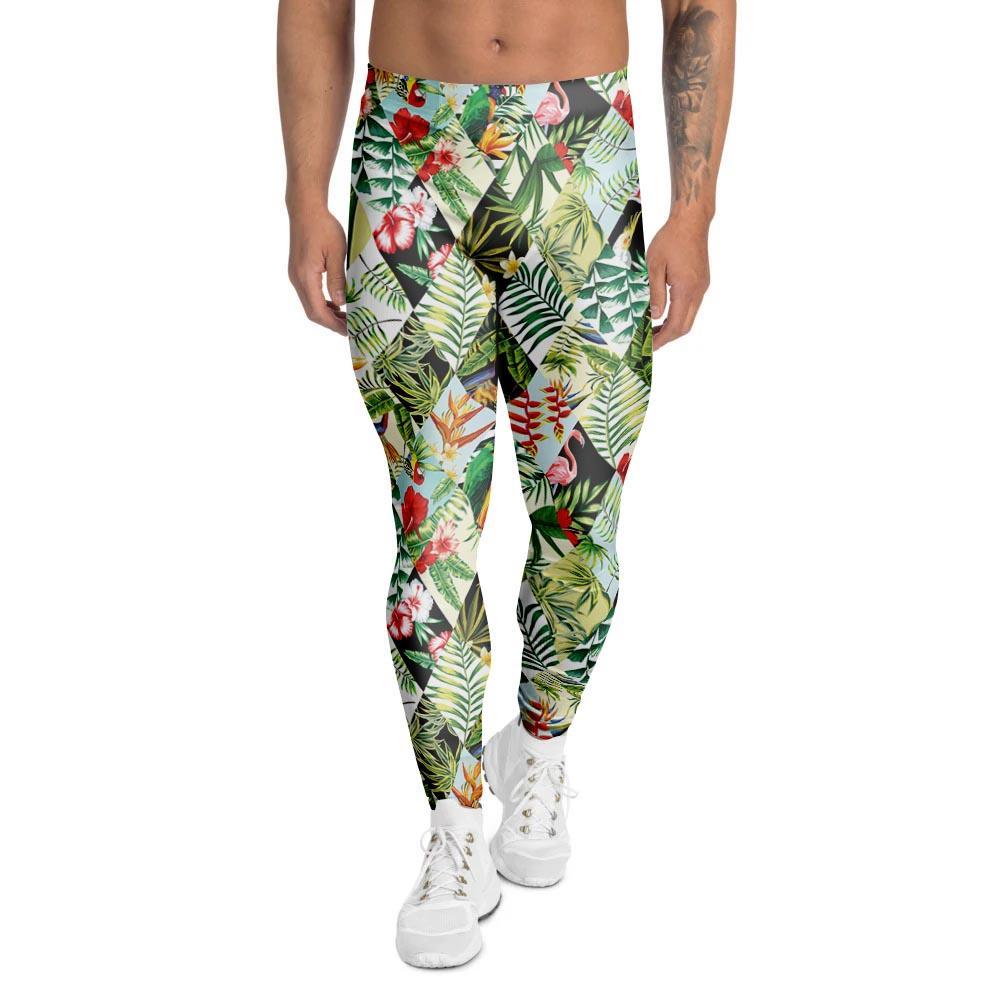 Tropical Bird Patchwork Print Men's Leggings-grizzshop