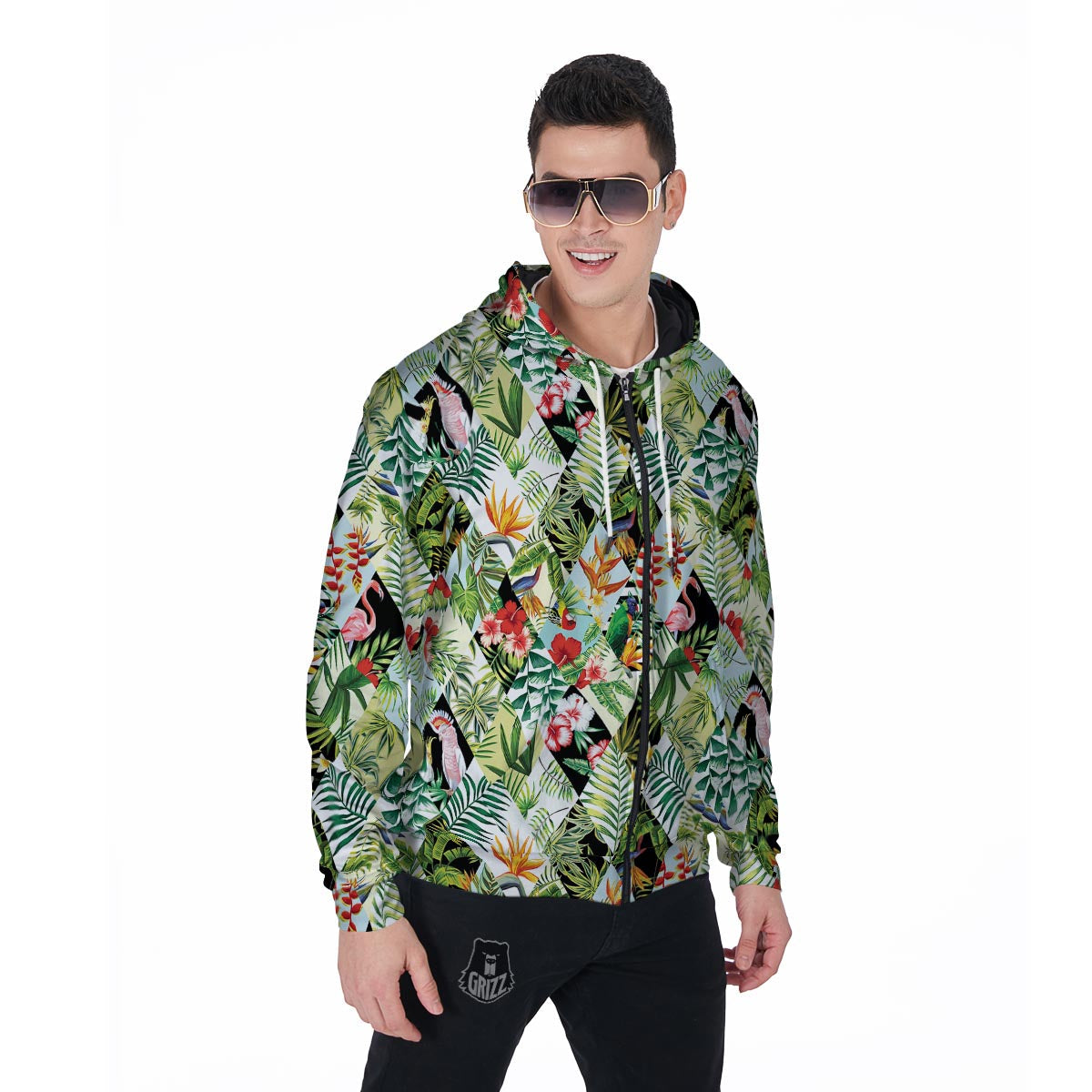 Tropical Bird Patchwork Print Men's Zip Up Hoodie-grizzshop