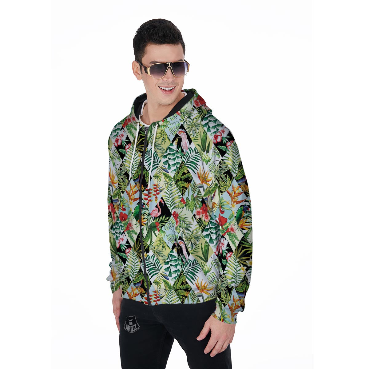 Tropical Bird Patchwork Print Men's Zip Up Hoodie-grizzshop