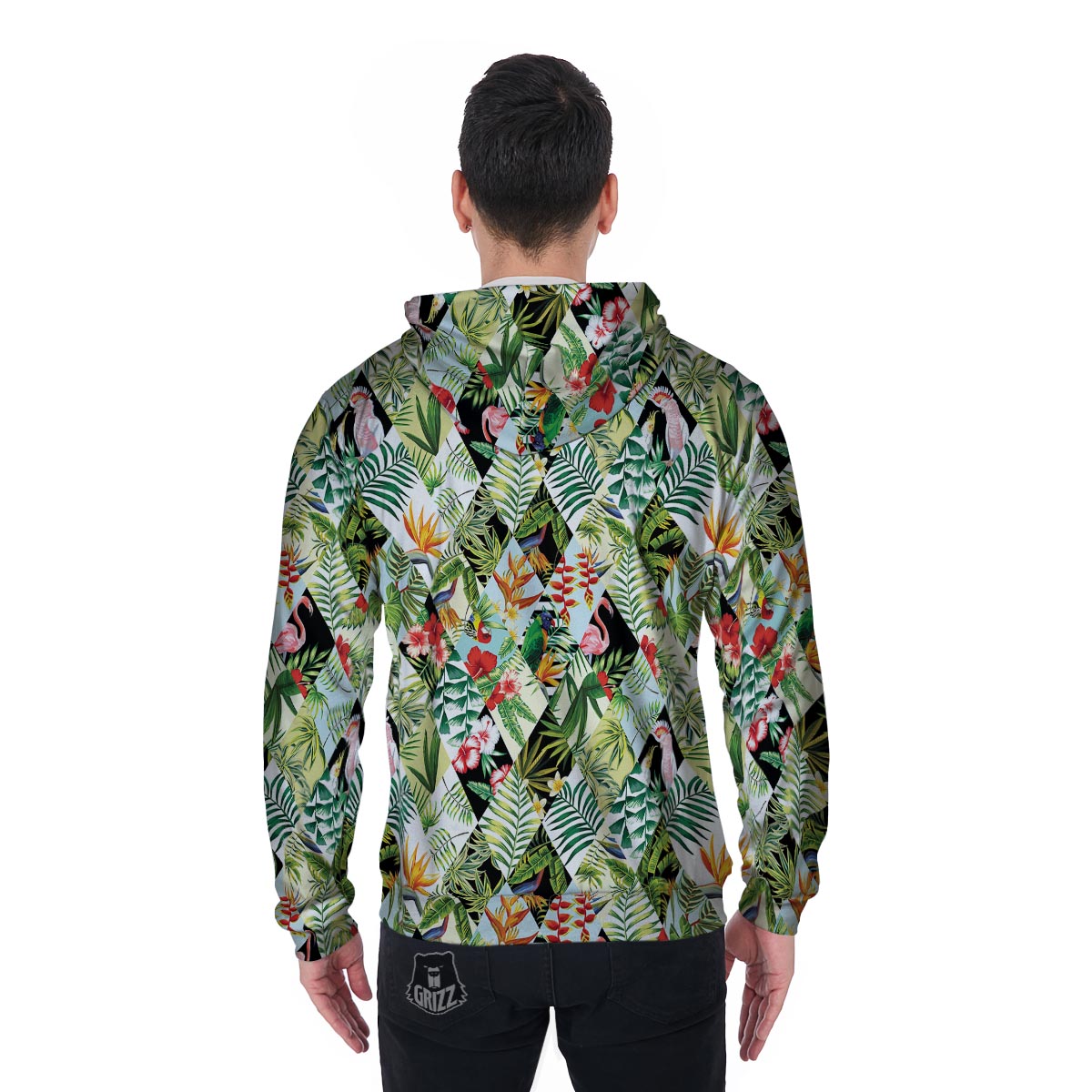 Tropical Bird Patchwork Print Men's Zip Up Hoodie-grizzshop