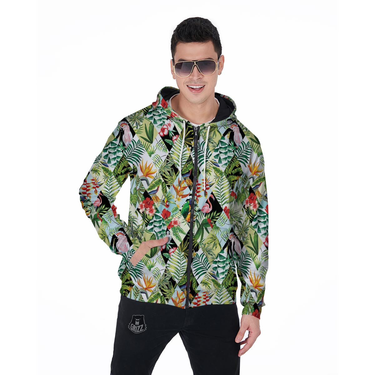 Tropical Bird Patchwork Print Men's Zip Up Hoodie-grizzshop