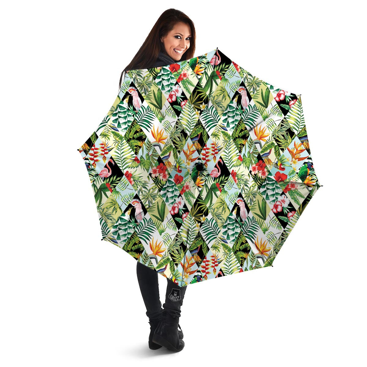 Tropical Bird Patchwork Print Umbrella-grizzshop