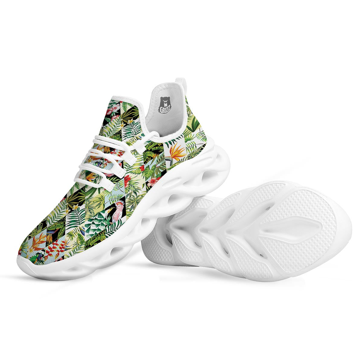 Tropical Bird Patchwork Print White Running Shoes-grizzshop