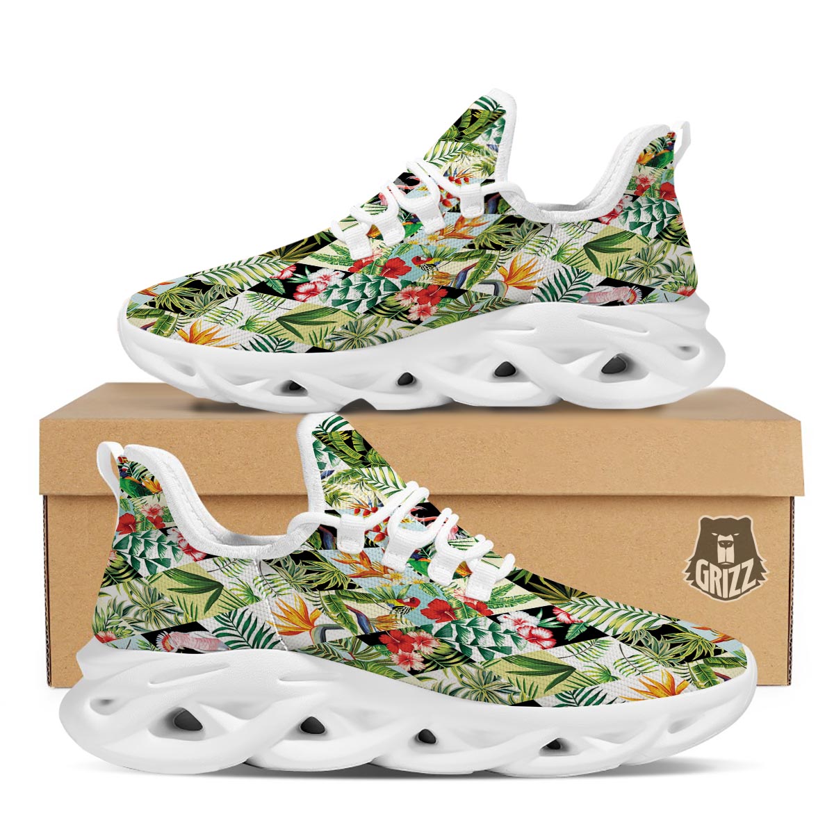 Tropical Bird Patchwork Print White Running Shoes-grizzshop