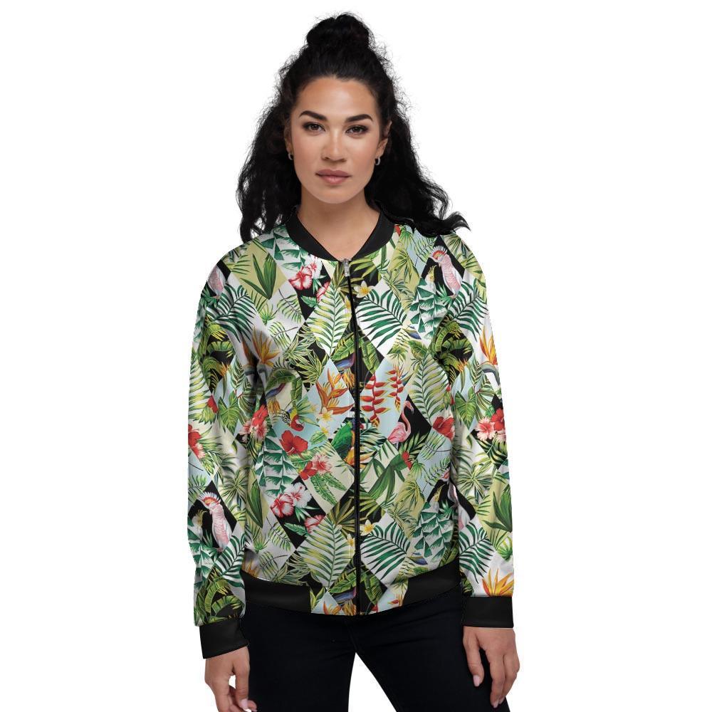 Tropical Bird Patchwork Print Women's Bomber Jacket-grizzshop