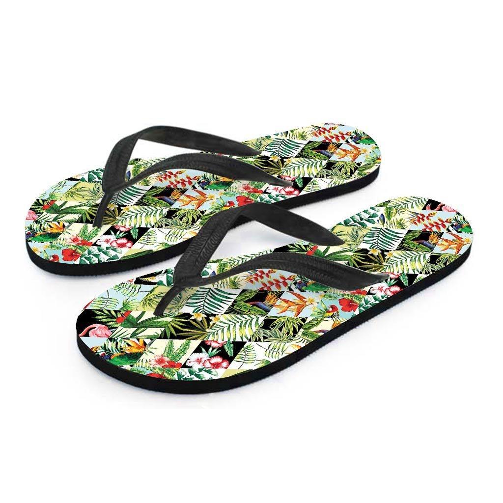 Tropical Bird Patchwork Print Women's Flip Flops-grizzshop