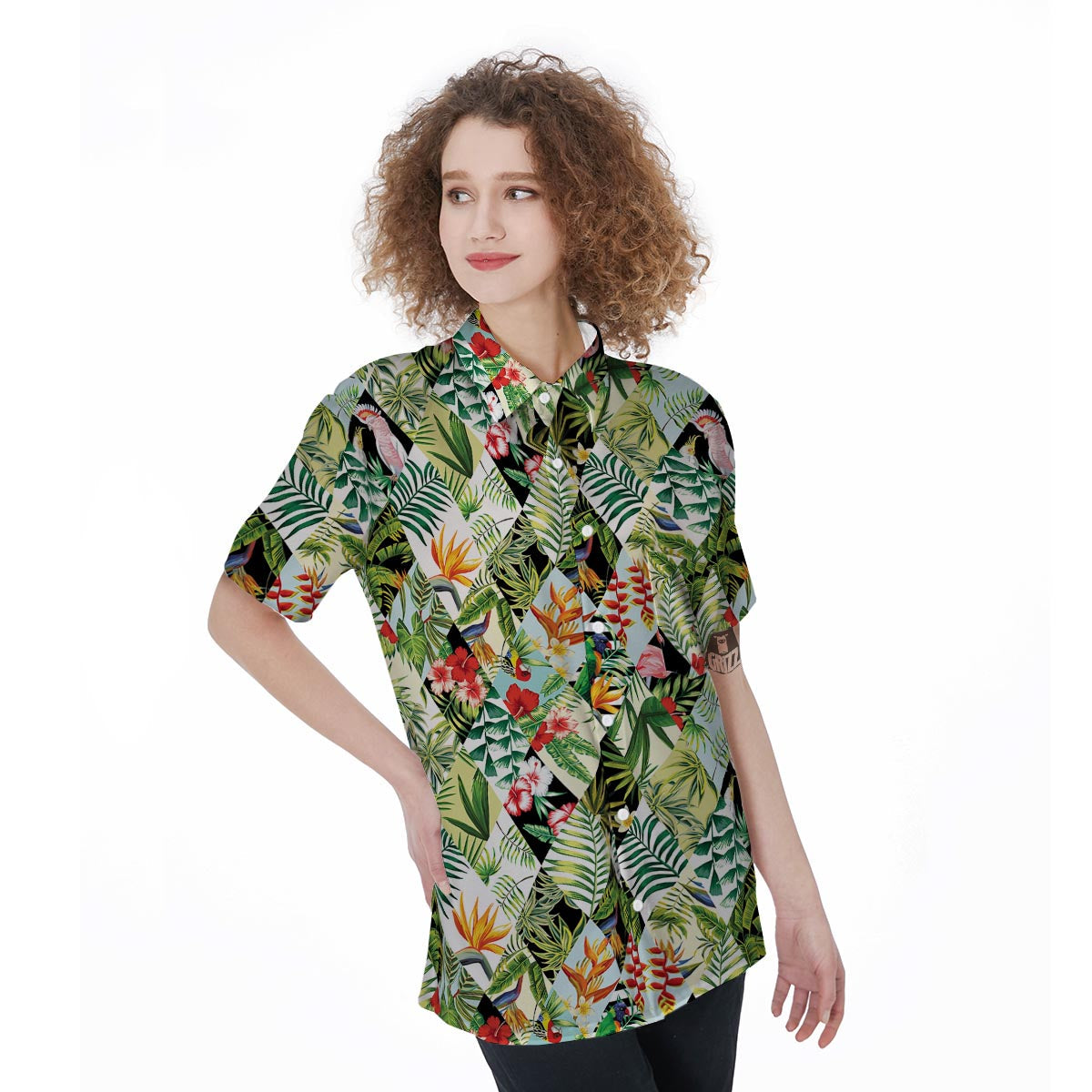 Tropical Bird Patchwork Print Women's Short Sleeve Shirts-grizzshop