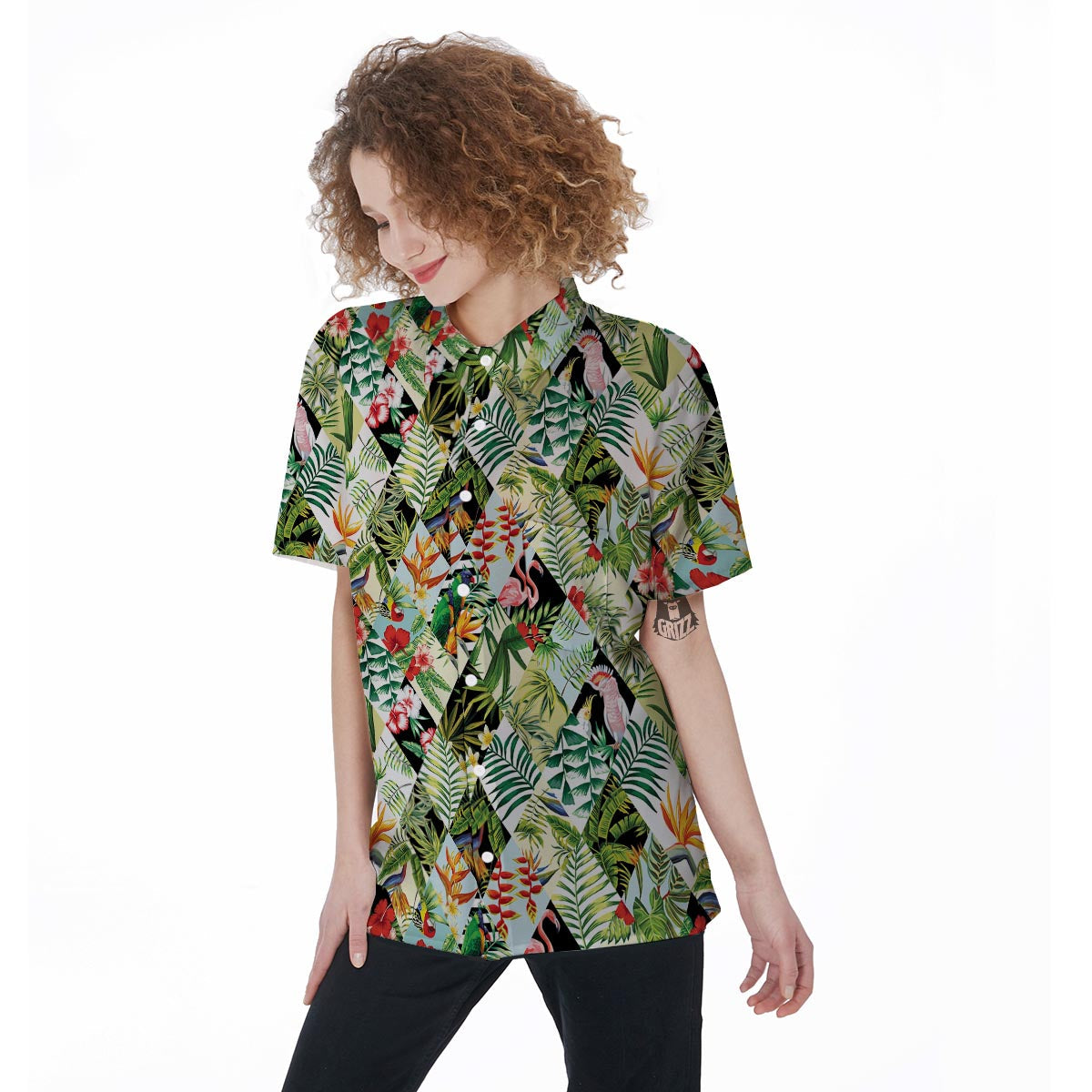 Tropical Bird Patchwork Print Women's Short Sleeve Shirts-grizzshop