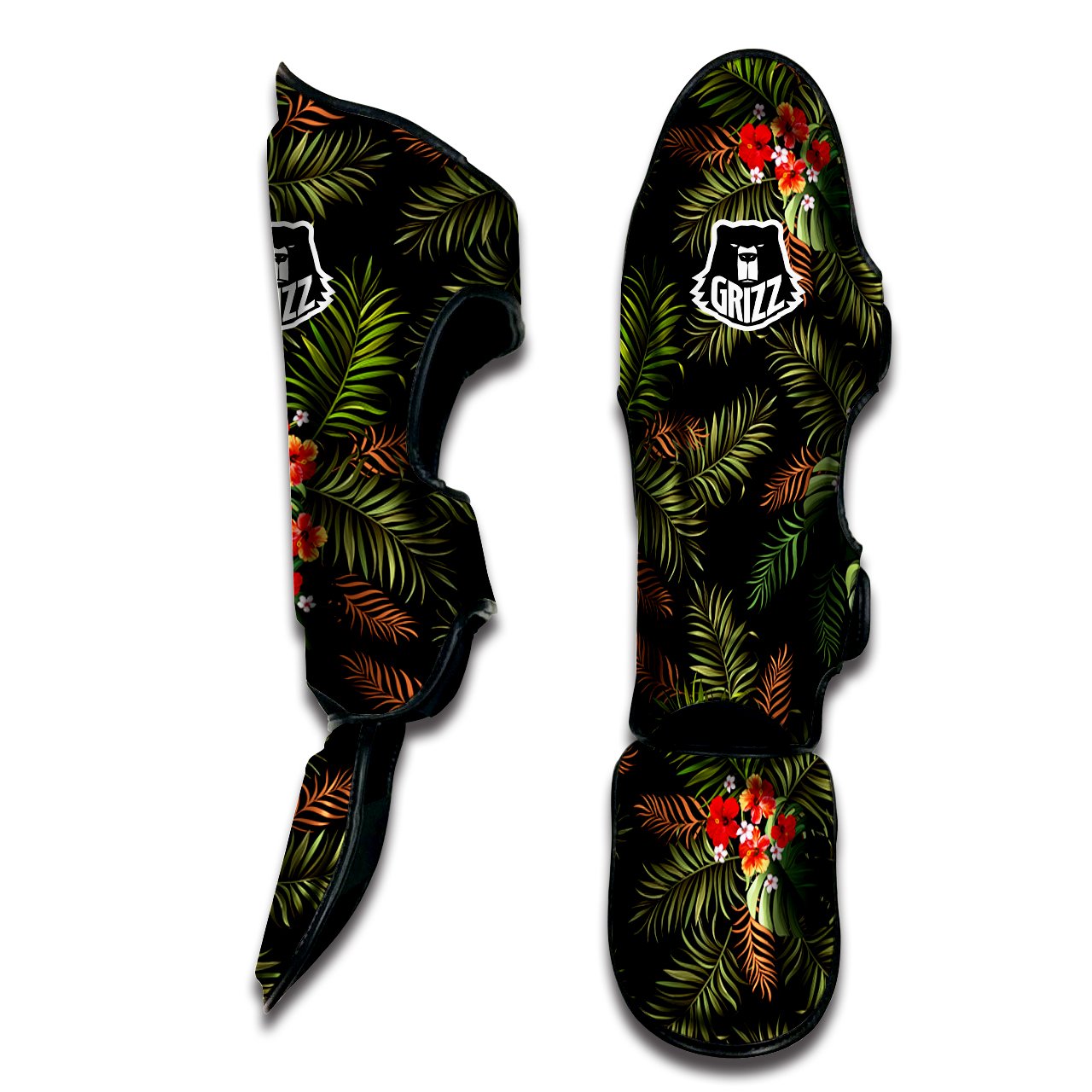 Tropical Black Hawaii Print Pattern Muay Thai Shin Guards-grizzshop