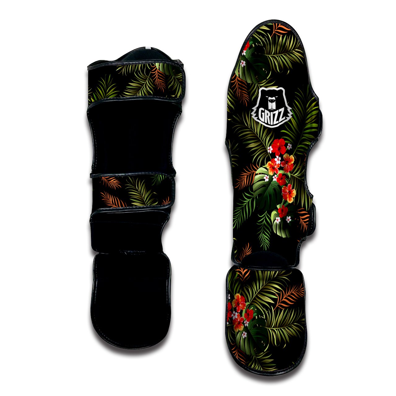 Tropical Black Hawaii Print Pattern Muay Thai Shin Guards-grizzshop