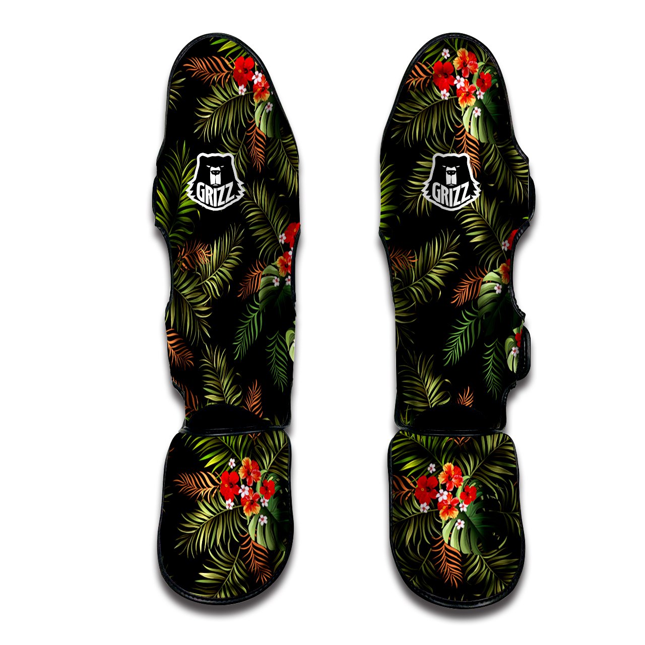 Tropical Black Hawaii Print Pattern Muay Thai Shin Guards-grizzshop