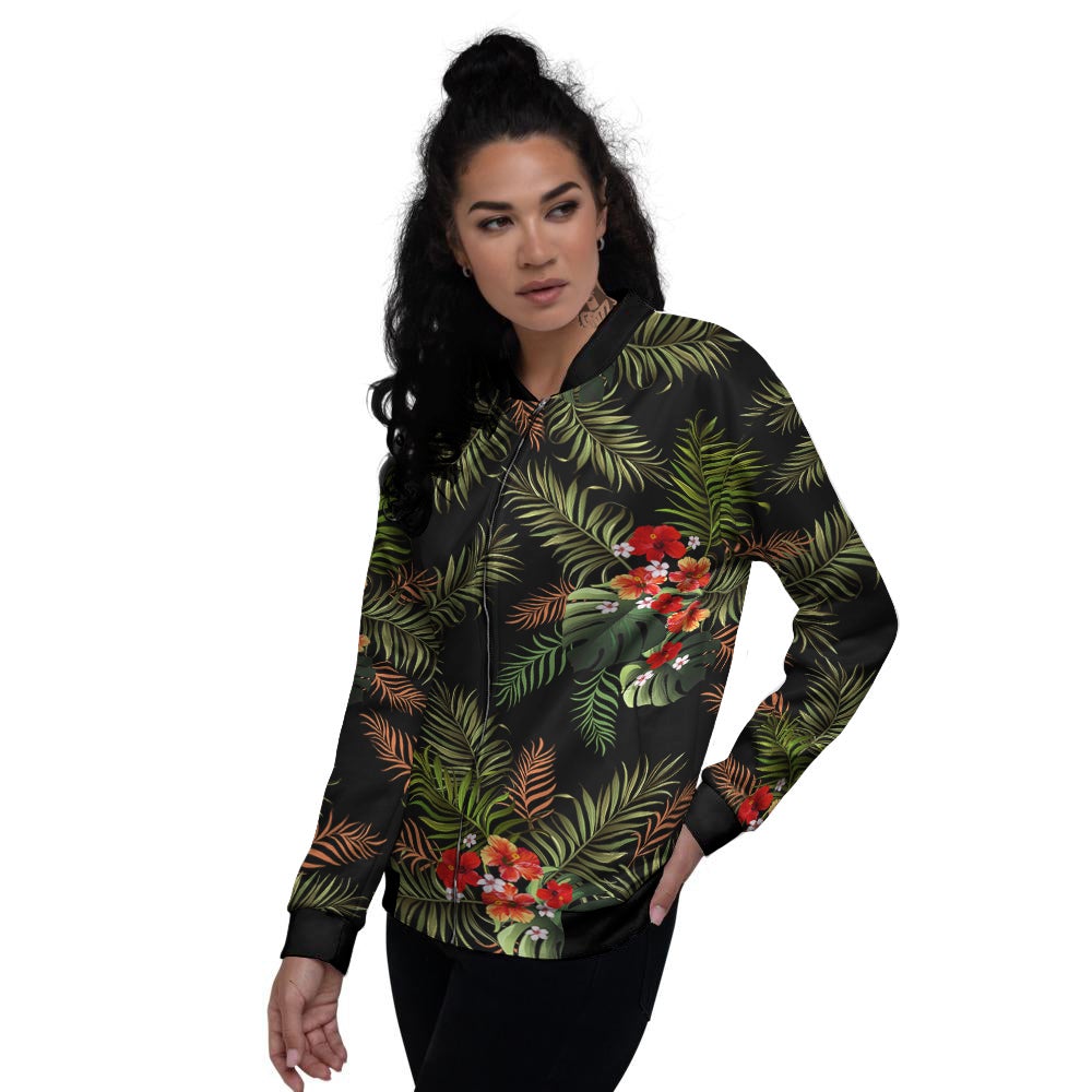 Tropical Black Hawaii Print Pattern Women's Bomber Jacket-grizzshop