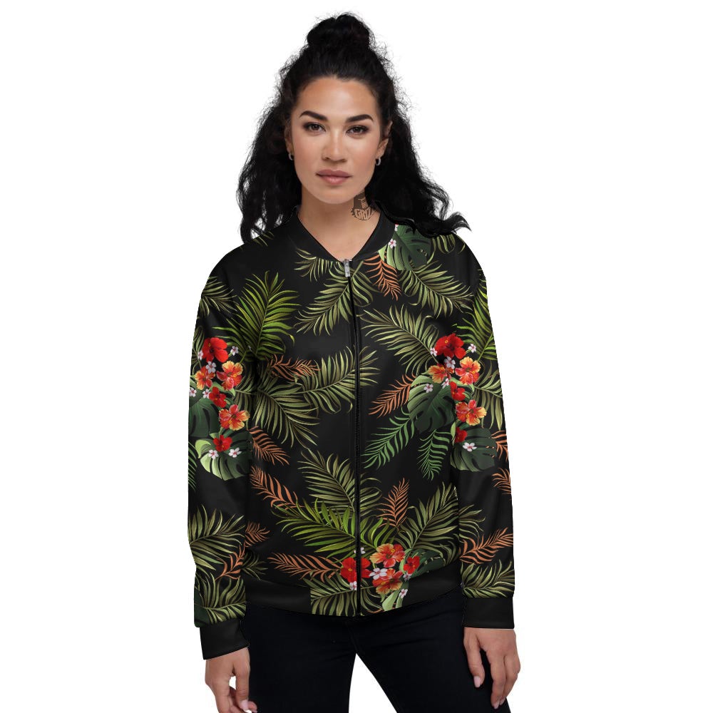 Tropical Black Hawaii Print Pattern Women's Bomber Jacket-grizzshop