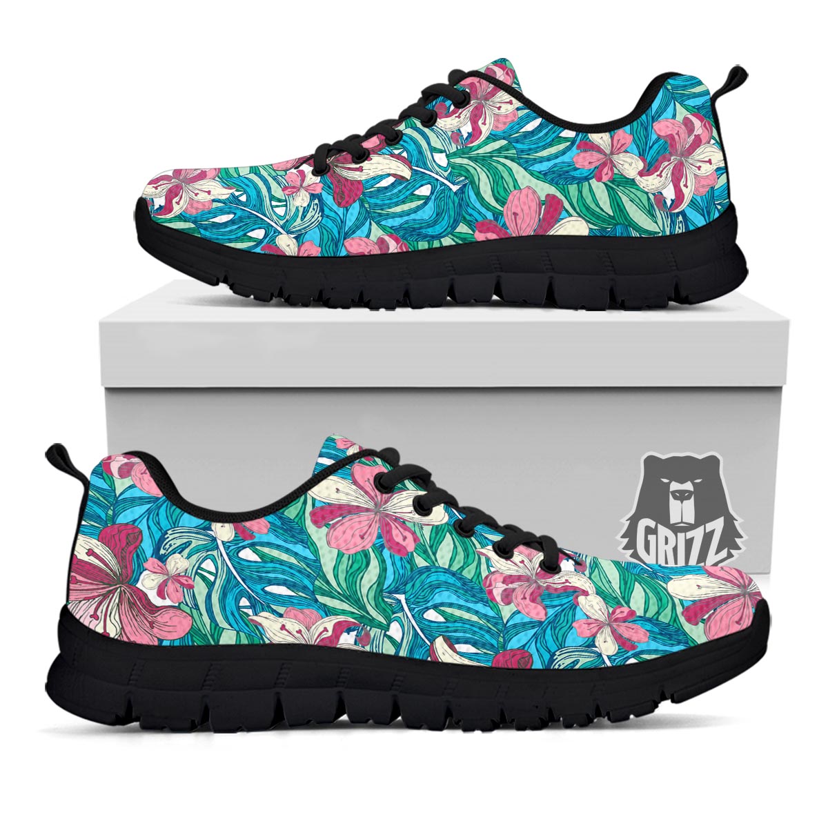 Tropical Blossom Teal Pink Print Pattern Black Sneaker-grizzshop