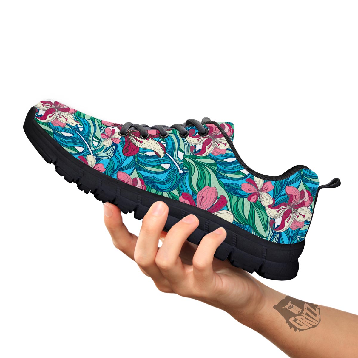 Tropical Blossom Teal Pink Print Pattern Black Sneaker-grizzshop