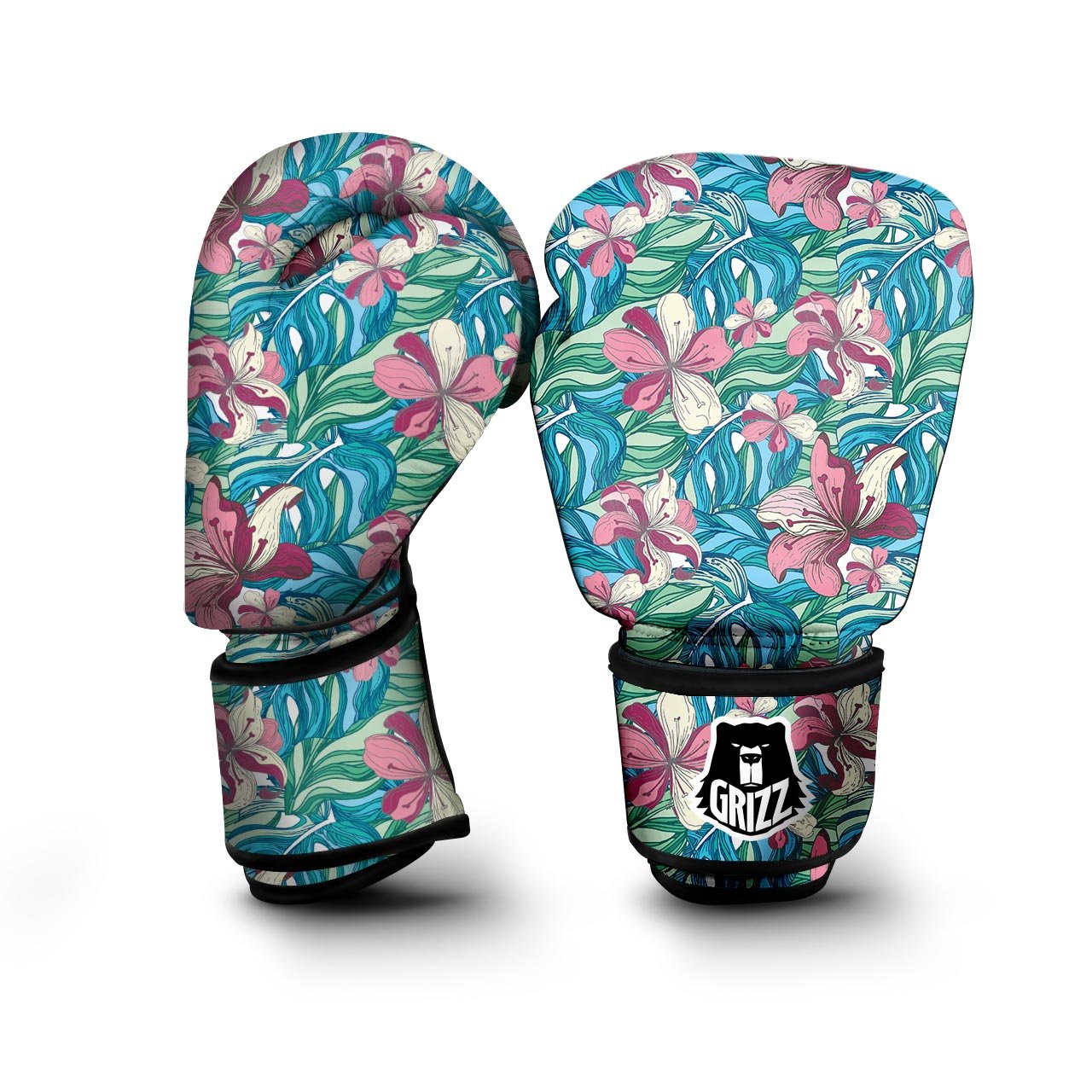 Tropical Blossom Teal Pink Print Pattern Boxing Gloves-grizzshop