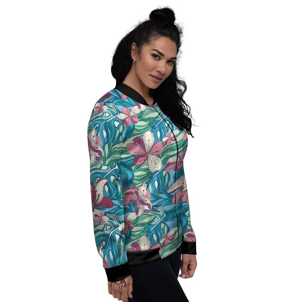 Tropical Blossom Teal Pink Print Pattern Women's Bomber Jacket-grizzshop