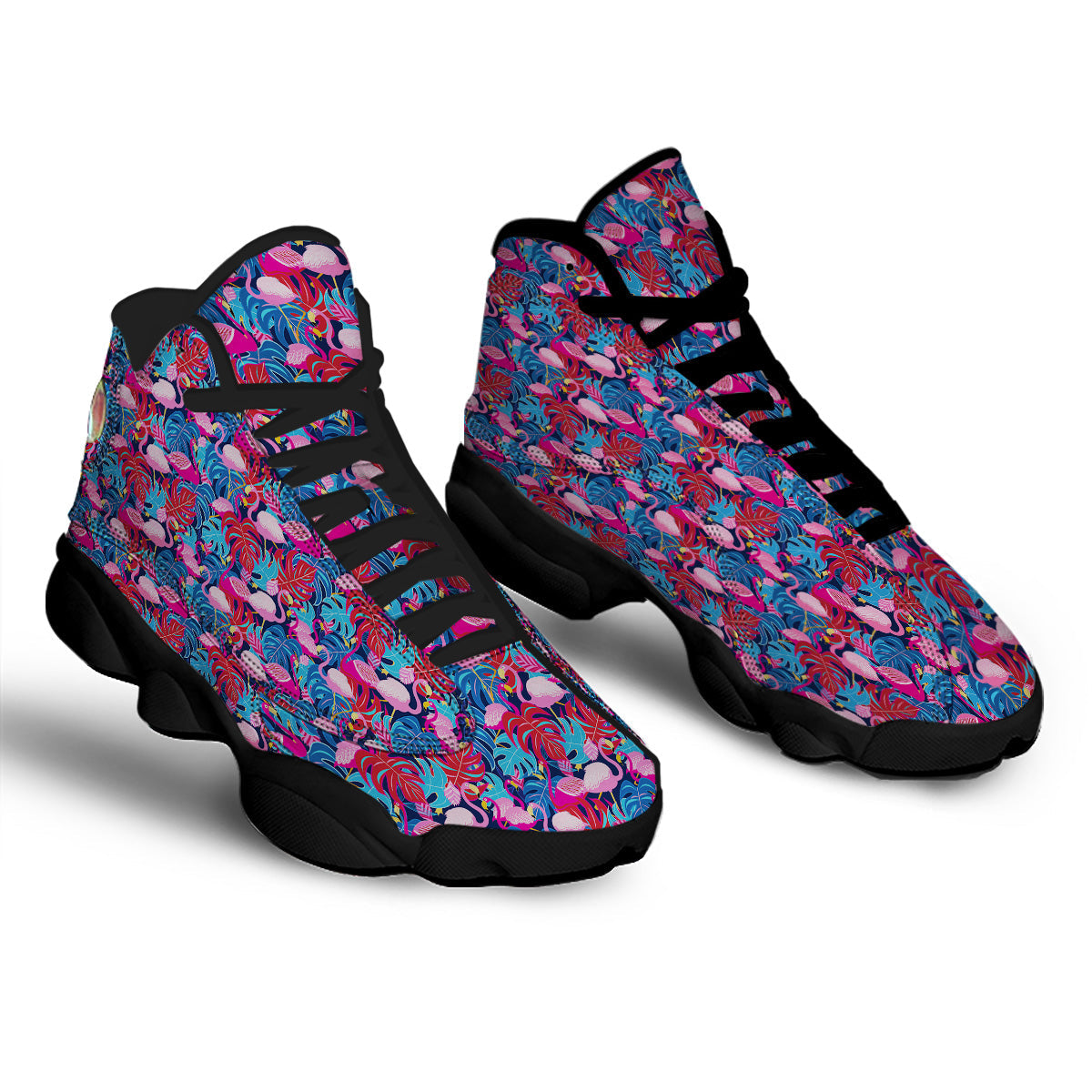 Tropical Blue And Pink Flamingo Print Black Basketball Shoes-grizzshop