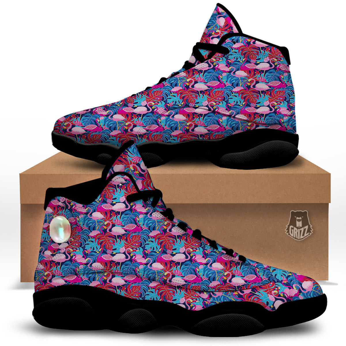 Tropical Blue And Pink Flamingo Print Black Basketball Shoes-grizzshop