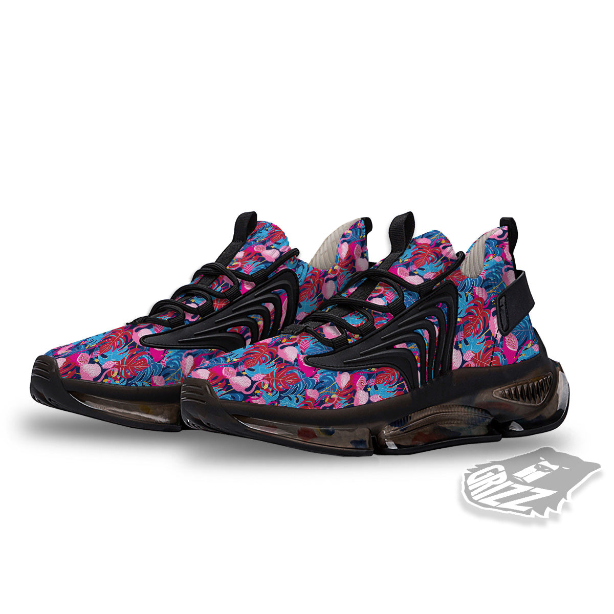 Tropical Blue And Pink Flamingo Print Black Gym Shoes-grizzshop
