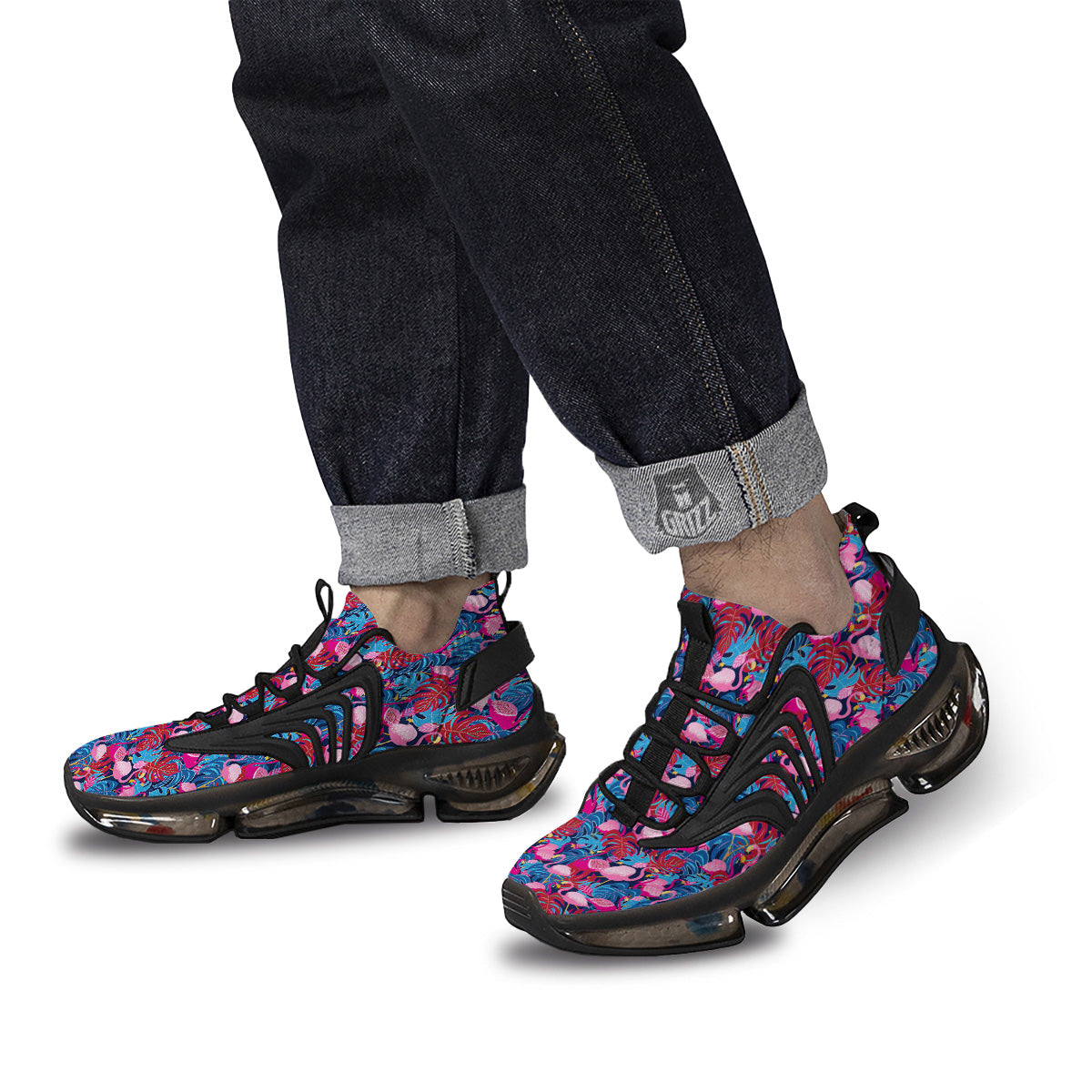 Tropical Blue And Pink Flamingo Print Black Gym Shoes-grizzshop