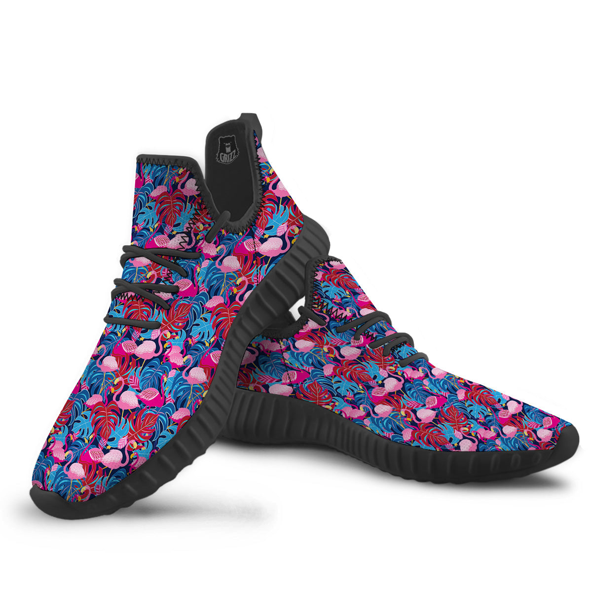 Tropical Blue And Pink Flamingo Print Black Walking Shoes-grizzshop