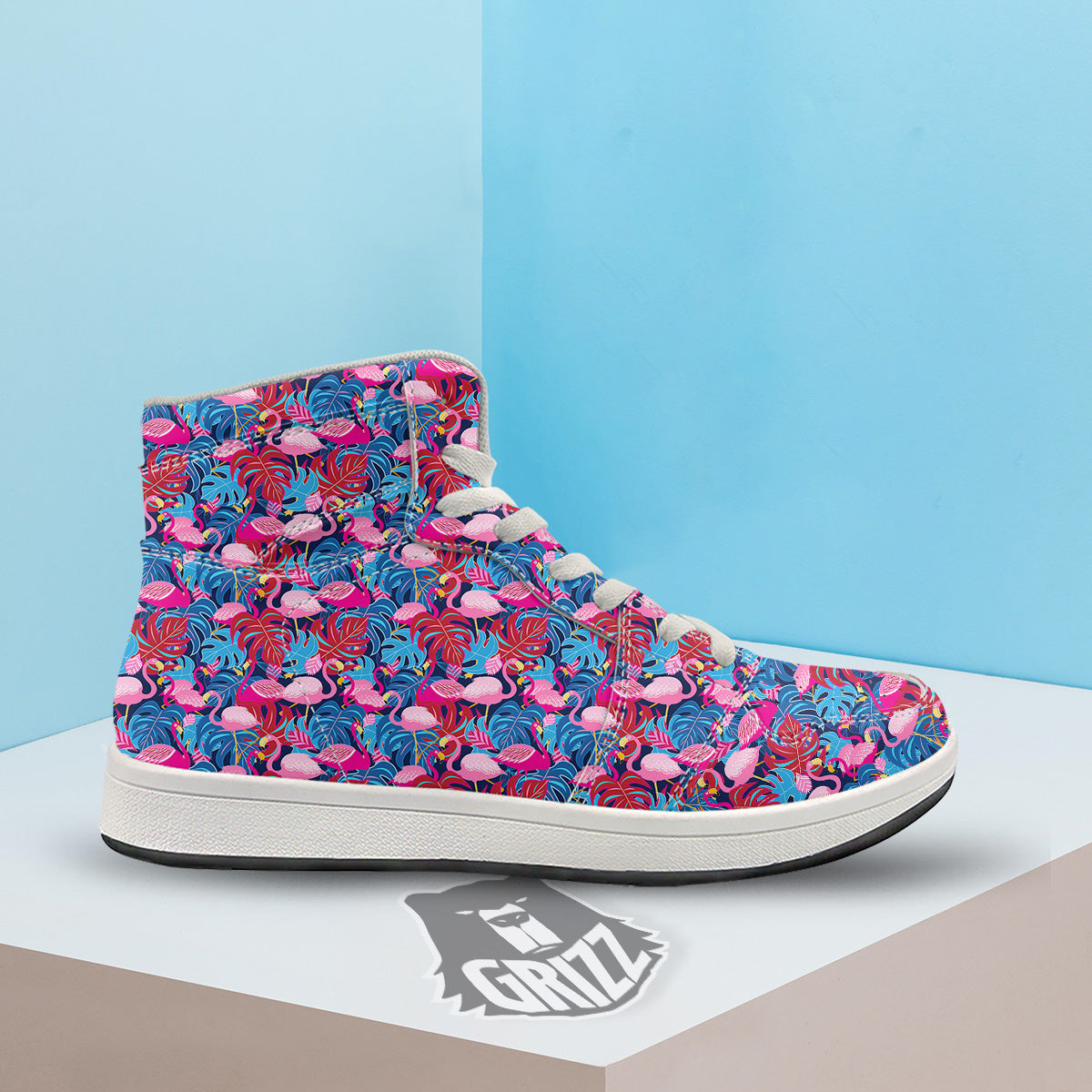 Tropical Blue And Pink Flamingo Print High Top Sneakers-grizzshop