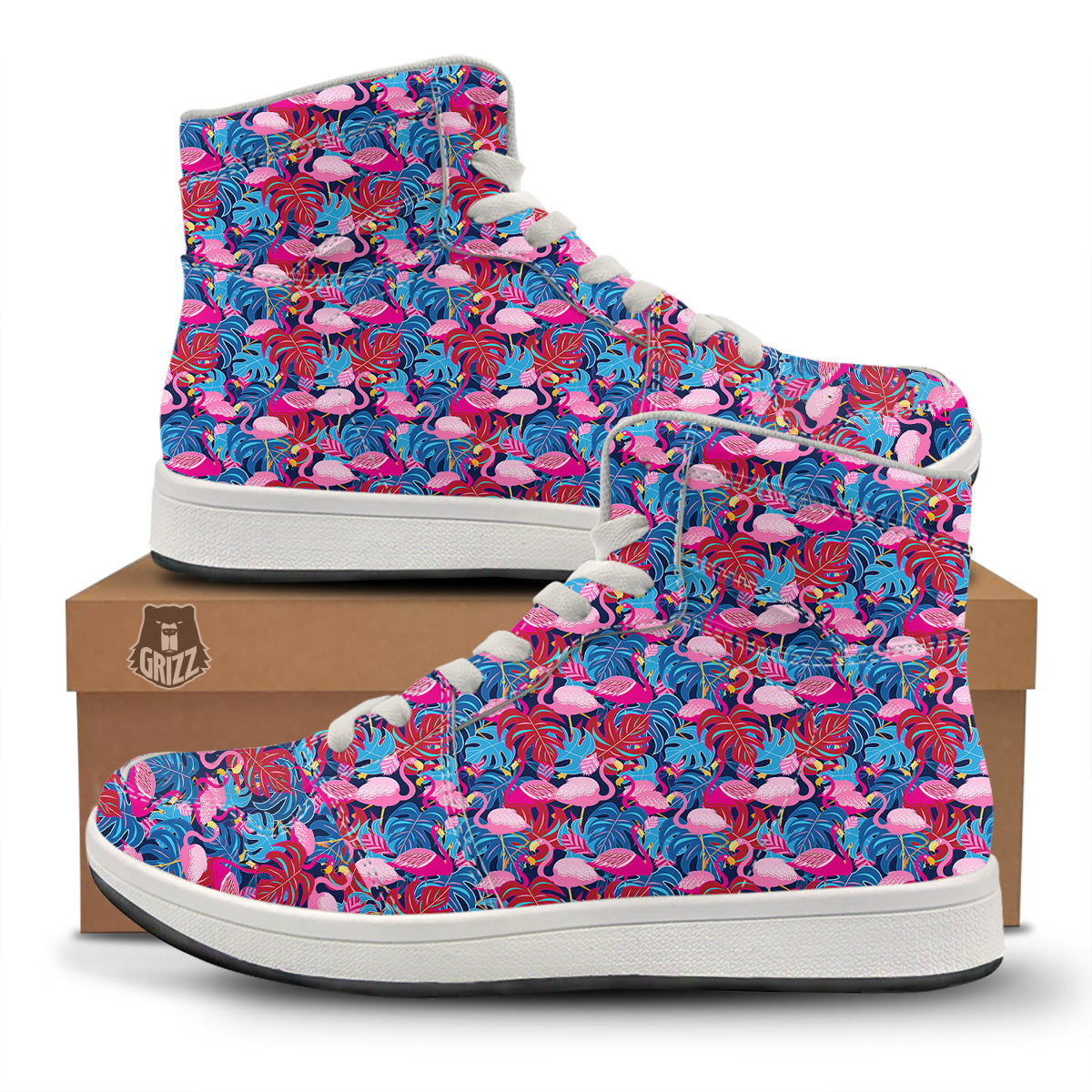 Tropical Blue And Pink Flamingo Print High Top Sneakers-grizzshop