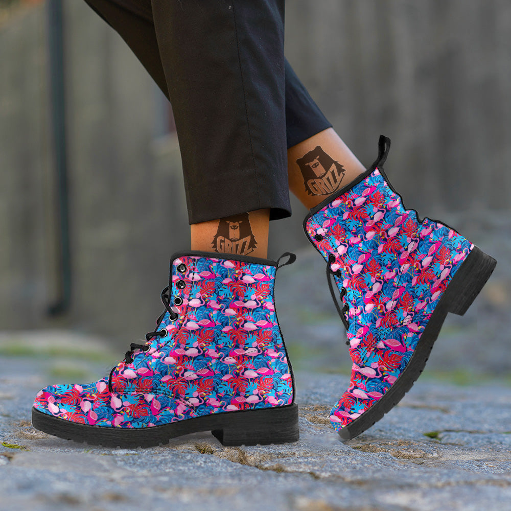 Tropical Blue And Pink Flamingo Print Leather Boots-grizzshop