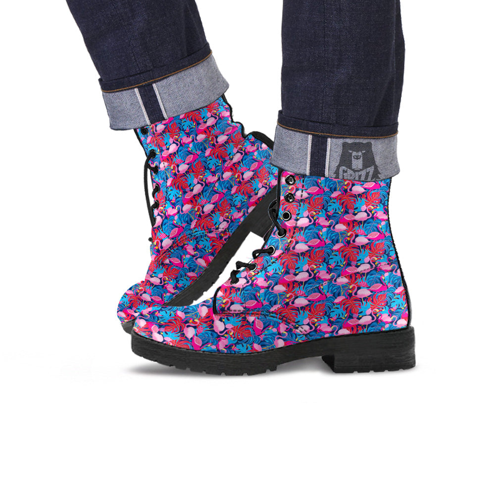 Tropical Blue And Pink Flamingo Print Leather Boots-grizzshop